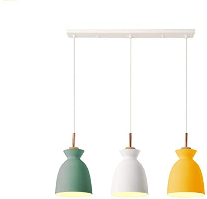 Nordischer-stil Holz Pendellampe Modern Industrielle Aluminium Gelb/Weiß/Grün Schirm 3-flammig Esszimmer Decke Hängeleuchte Kreativ Esstischlampe Kronleuchter E27 für Büro Küche Cafe, Höhenverstellbar