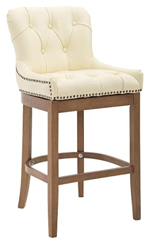 TPFLiving Barhocker Wooden Luck mit bequemer Rückenlehne und angenehmer Fußstütze - Tresenhocker mit 4-Fuß Gestell Holz Hellbraun - Sitzfläche: Echtleder Creme