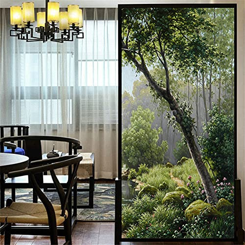 Decortive Window Film Privacy Forest Creek Landscape Oil Painting Static Cling Window Stickers No Glue Frosted Window Tint 42x100cm(16.5x39.4)
