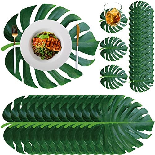 Geosar 200 Disposable Paper Placemats and Coasters Set Summer Hawaiian Luau Placemat with Coasters Outdoor Indoor for Greenery Jungle Dining Table Decoration Shower Birthday(Palm Leaf)