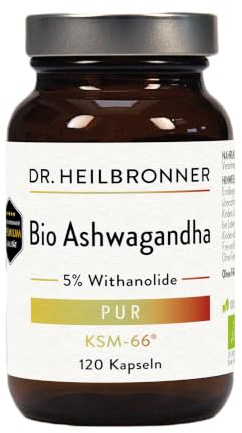 Dr. Heilbronner Bio Ashwagandha KSM-66® 120 Kapseln 5% Withanolide | 500 mg Bio Ashwagandha Extrakt pro Kapsel – 60 Tage Vorrat – UV-Braunglas