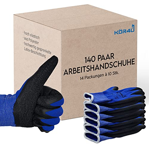 kör4u 140 Paar Arbeitshandschuhe, atmungsaktiv und beschichtet, als Schutzhandschuhe geeignet, guter Grip, mit hochwertiger Latex-Beschichtung, hoch elastisch
