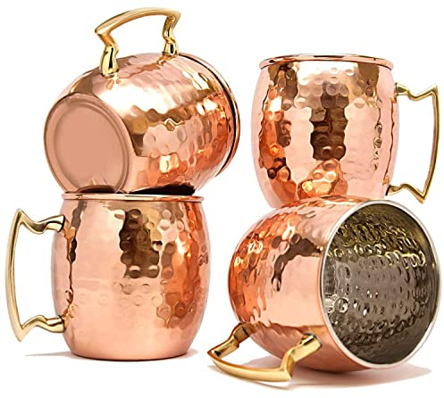 Art Of Creation Moscow Pure Copper Mule Hammered Mugs Stainless Steel Set of 4 Copper Plated Stainless Steel Cups with Large Handle for Ice Cold Drinks, Beer, Cocktails Barware Size- 500ml 16.oz
