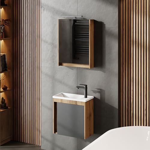 Planetmöbel Badmöbel Set 3-teilig Waschbecken mit Unterschrank 50 x 48,3 x 24,8 cm Wotan Eiche/grau matt, Spiegelschrank 50 x 65 x 11,4 cm mit LED Aufbauleuchte