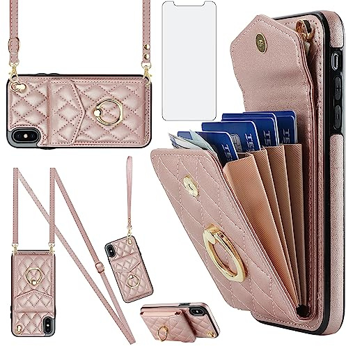 Asuwish Handyhülle für iPhone XS/X Hülle mit Band Folie Schutzfolie RFID Ring Ständer Kartenfach Klappbar Geldbörse iPhone10Hülle i 10 10s 10x 10xs Handy Hüllen Schutzhülle Damen Phone Case Roségold