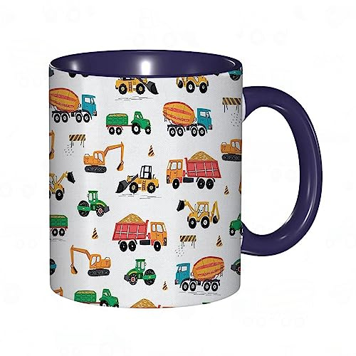 Tasse Keramik Bau-Karikatur-Ausrüstungs-LKW,Auto-Bagger-Traktor.Grüne Orange Kaffeetassen Große 330ml Mit Henkel 100% Handbemalt Trinkgläser Mit Griff Personalisierte Geschenk