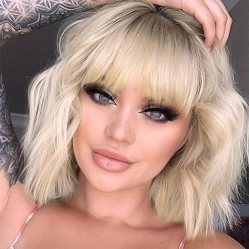 PORSMEER Kurze Bob Perücke mit Pony für Frauen Natürliches Ombré-Blond Perücke Synthetisches Haar Bunt Täglich Party Halloween Cosplay Gewellte Lockige Perücken für Frauen