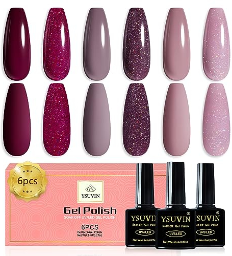 YSUVIN UV Nagellack Set, 6 Farben Burgund Taupe Rosa Lila Glitzer Gel Nagellack, Gellack Soak-off UV für Anfänger DIY Nail Art Maniküre Salon, Langlebig, 8ML