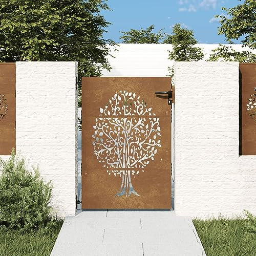 Tidyard Gartentor Zauntor Zauntür Gartentür Hoftor Hoftür Gartenzaun Pforte Tür Tor Gartenpforte Metalltor Einfahrtstor 85x125 cm Cortenstahl Baum-Design