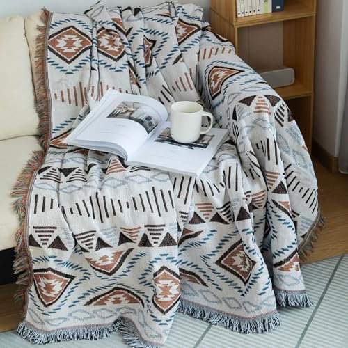 HANDONTIME Boho Aztec Sofabezug Braun und Weiß Geometrischer Jacquard-Überwurf Decke für Hunde Wohnzimmer Couchbezüge für Ecksofa L-Form Strukturierte Baumwolle Bohemian Deko, 180,3 cm x 256,5 cm