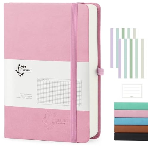 Fasood Notizbuch A5 Kariert, Hardcover Journal Notizbücher mit 320 Seiten, 100g/m² Dickes Papier, Mehrfarbige Registerkarten, Stiftlasche und Dokumententasche, für Schule, Büro (Rosa)