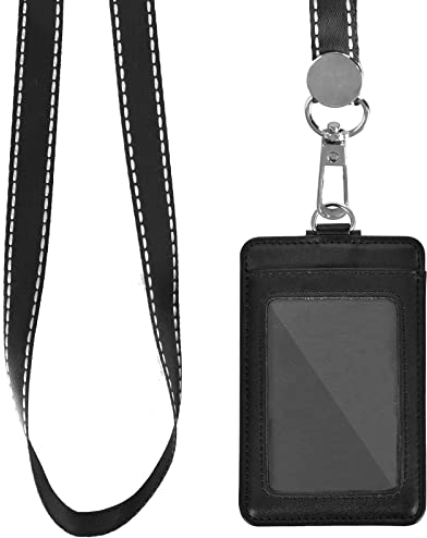 Doppelseitig Leder Ausweishalter PU ID Card Holder mit Neck Lanyard Strap Wasserdichte Vertikaler Ausweishüllen für Arbeit Schule Büropersonal (Schwarz)