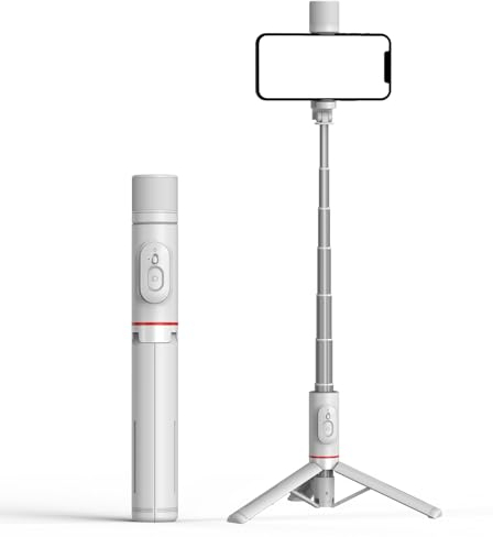 KOMI Selfie Stick Stativ mit Licht - Ausziehbares Telefonstativ mit wiederaufladbarer drahtloser Fernbedienung All-in-one Kompatibel mit iPhone 15 14 pro max, Samsung, Android, iOS (Weiß+Licht1)
