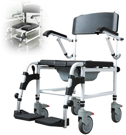 Lnlscle Mobiler Toilettenstuhl, 4-in-1 höhenverstellbarer Toiletten-Duschstuhl mit abnehmbarem Eimer, klappbarer Toiletten-Töpfchenrollstuhl für medizinische Versorgung, Toiletten, Badezimmer