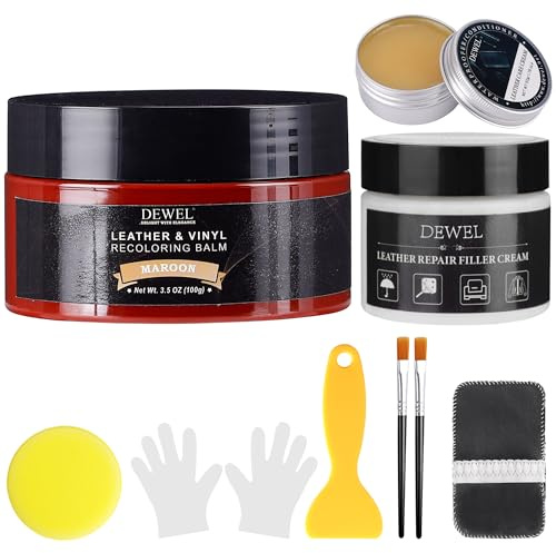 DEWEL Leder Reparatur Set Lederpflege 100g Leder Farbbalsam Rötlichbraun Kunstleder Reparaturset mit 50g Lederreparaturpaste 50g Lederöl,für Leder Restaurierung Risse Löcher von Sofas Autos Jacken
