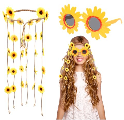 TGFIX 2 Stück Sonnenblumen Sonnenbrille Set Hawaii Party Kostüm Gänseblümchen Brille Blumen Kopfschmuck Pool Party Kostüme für Damen Kinder Mädchen Sommer Strand Karneval Geburtstag