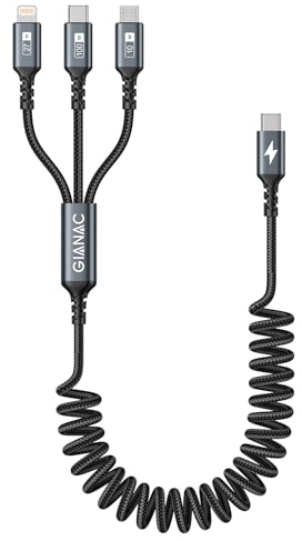 GIANAC 100W Cable USB C a Multi Cable [50CM] 3 en 1 Espiral Cargador Cable con Chip E-Mark Múltiples Micro USB C Tipo C Lightning Cable para MacBook Pro/Air,Google Pixel,Galaxy,iPhone,Huawei,iPad Pro