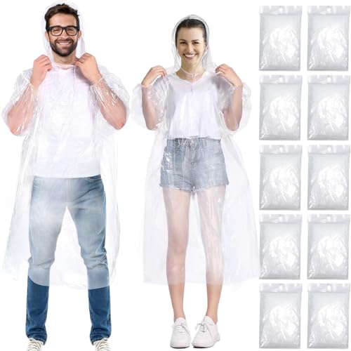 Henrycares Waterproof Rain Ponchos Adult, 10pcs Disposable Clear Raincoats for Women and Men Emergency, 150cm with Hood and Sleeves Family Pack, for Outdoor Concert, Theme Park, Camping, Hiking