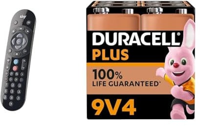 Original SKY Q Voice Remote Control - Compatible with Sky Q 1TB or 2TB box plus the Sky Q Mini box & Duracell Plus 9V Batteries (4 Pack) - Alkaline - 100% Life Guarenteed
