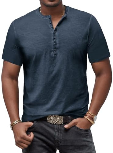 YawYews Mens Henley T-Shirts Short Sleeve T Shirts Cotton Casual Vintage Summer Button Fashion Tops for Men Blue 3XL