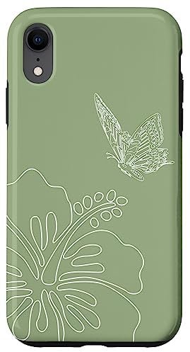 iPhone XR Sage Green Hibiscus Flower Aesthetic Butterfly Boho Hawaii Case