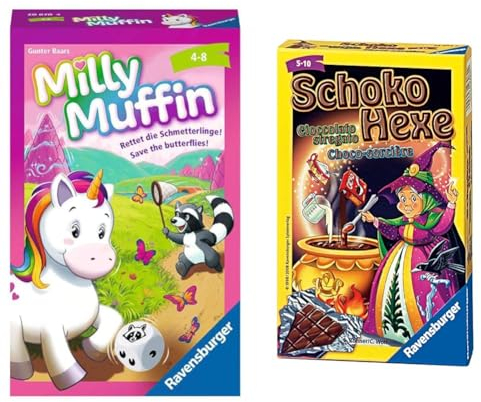 Ravensburger®, Milly Muffin, 20670, kooperatives Einhorn Kinderspiel ab 4 Jahren & 23082 - Schoko Hexe, Mitbringspiel für 2-6 Spieler, Kartenspiel ab 6 Jahren, kompaktes Format, Reisespiel