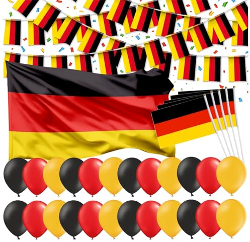 XXL Deutschland Deko Dekoration Set Fanartikel Tischdekoration mit über 50 Teilen wie Luftballons & Wimpelkette & Servietten für Fußball WM, EM (XXL Set mit Fahne)