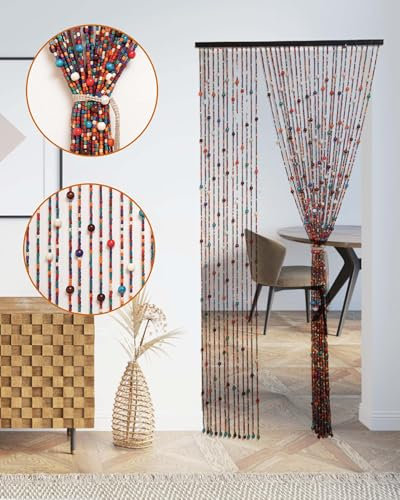 Erfolkerz Bambus-Vorhänge für Türen, 89,9 x 199,9 cm, 38 Stränge, handgefertigte bunte Holzperlenvorhänge mit böhmischen Raumteiler-Perlen, als Insektenschutz, perfekte Holz- und Bambusperlenvorhänge