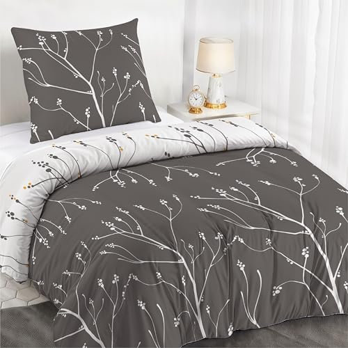 Dreamzie Bettwäsche Set 140x200 cm mit 1 Kissenbezügen 65x65 cm - Muster Zweige Grau - Bettwäsche 140x200 Einzelbett aus 100% Mikrofaser - Zertifiziert ohne Chemikalien (Oeko TEX)