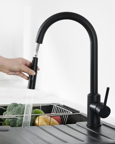 ANYCEE Grifo Cocina Extraible Negro, Torneira Cozinha Acero Inoxidable de Arco Alto, Grifos Cocina Fregadero con 3 Modos, Grifo Extensible Cocina Giratorio a 360 grados, Mando Monomando