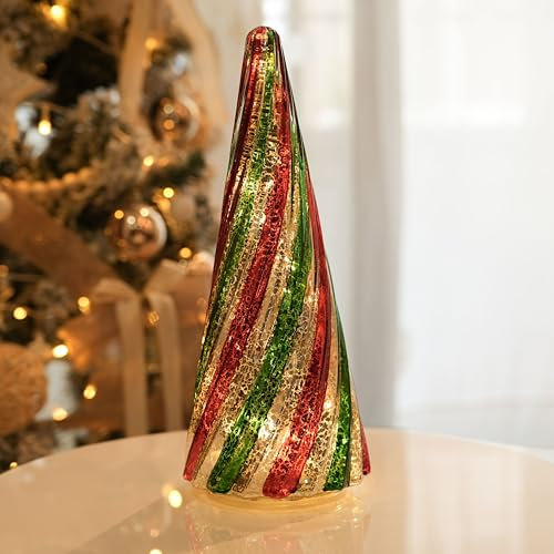 Hvfun Albero di Natale in vetro mercurio da 30,5 cm, con luci, timer da 6 ore, decorazione natalizia a batteria, effetti di luce fissa e scintillanti, per un'atmosfera festiva e regali, rosso e verde