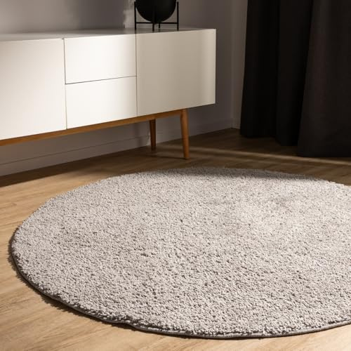 benuta Basic Hochflorteppich Teppich Wohnzimmer Sohari - Hellgrau 250 cm Rund - Minimalistischer Look - Weich & Waschbar - Für Schlafzimmer, Flur oder Esszimmer - Geeignet für Fußbodenheizung