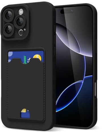 oakxco for iPhone 16 Pro Max Case with Card Holder, Cute Silicone Wallet Phone Case with Credit Card Slot, Soft Rubber Thin Slim Purse for Women Men with Shockproof Camera Cover Protection, Black
