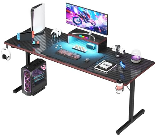 Devoko Bureau Gaming LED 180cm Bureau Gamer avec Support d'Écran, Porte-Gobelet et Crochet pour Casque, Design en Fibre de Carbone, Bureau d'Ordinateur pour Bureau ou Chambre