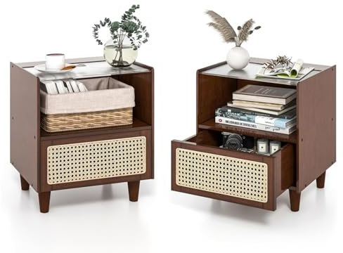 RELAX4LIFE Nachttisch, mit Rattan-Schublade & Offenem Regal, Nachtschrank mit Glastischplatte & Kabelschlitze, Nachtkonsole aus Bambus, Beistelltisch für Wohnzimmer, Schlafzimmer (2, Braun)