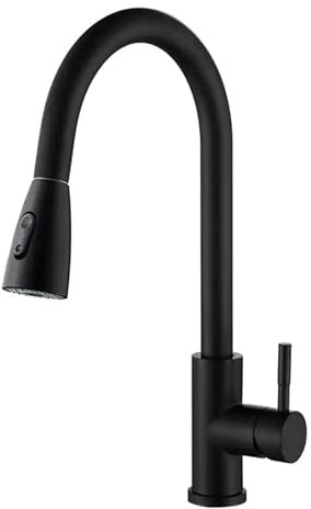 Grifo Cocina Extensible : Negro Mate Monomando con salida de agua de 2 Modos, Giratorio A 360º, Apto para Fregadero Agua Fria y Caliente, Cabezal Extraible apto para furgonetas camper