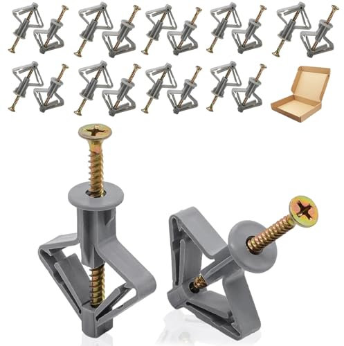 Plasterboard Wall Plugs 20 Set, Hollow Anchors and Screws Kit, Heavy Duty Plasterboard Fixings Set, Anti-Rotational Expansion Tube Assortment, for TV Wall Brackets, Cavity Wall