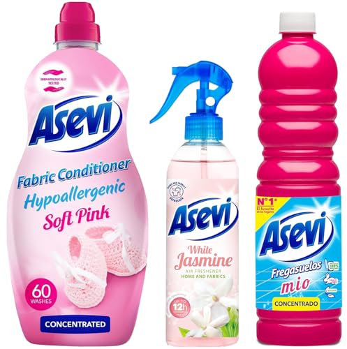 Asevi 3 Piece Pink Bundle Spanish Cleaning Products Giftset Kit White Jasmine Air Freshener 400ml Mio Floor Surface Cleaner 1L Soft Pink Fabric Softener Conditioner Concentrate 60 Washes