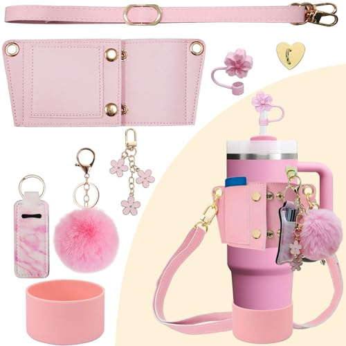 SHEGZHUC 7 Stück Stanley Cup Zubehör, Leder Wasserflasche Verstellbarer Riemen, Strohhalm Abdeckung ＆ Schutzhülle für 30-40 OZ(880-1180ml), 4 Anhänger Zubehör, Stanley Cup Accessories(Rosa)