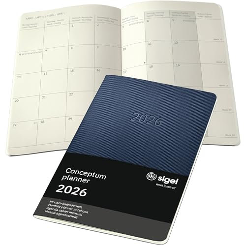 SIGEL C2686 Monats-Kalenderheft Monatsplaner 2026, ca. A5, dunkelblau, Softcover, 2 Seiten = 1 Monat, 64 Seiten, Quickpocket, aus nachhaltigem Papier, Conceptum