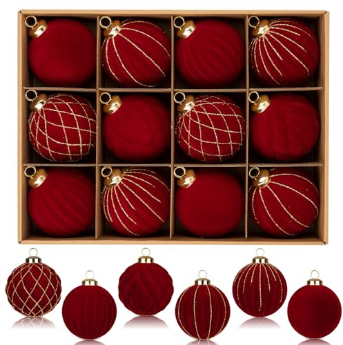 Oairse 8cm Velvet Christmas Baubles 12 Pcs Red Shatterproof Baubles Ornaments with Glitter Patterns Hanging Xmas Ball Luxury Christmas Tree Decorations for Holiday Party Thanksgiving Home Decor