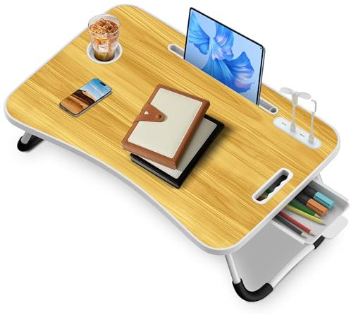Soontrans Laptoptisch, 60 x 40 x 28 cm, Laptop Tisch mit Schublade, Getränkehalter, Kleiner Ventilator, Tablethalter, Griff, Betttisch Klappbar für Bett und Sofa, Couch, Boden, Betttablett(Holzfarbe)