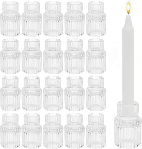 AIDUCHO Kerzenhalter Glas 20 Stück, Klein Kerzenständer Stabkerze, Geripptem Stabkerzenhalter Glas für Abendessen, Festival, Geburtstag, Heimdekoration, Hochzeit Tischdeko, Weihnachten