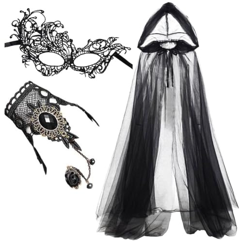 3er Schwarzer Umhang mit Kapuze Set,170cm Halloween Umhang Samt mit SpitzeMaske & Gothic Finger Kette Vampir Umhang Damen Darth Vader Mittelalter Cape Vampire Kostüm für Karneval Fasching Partys