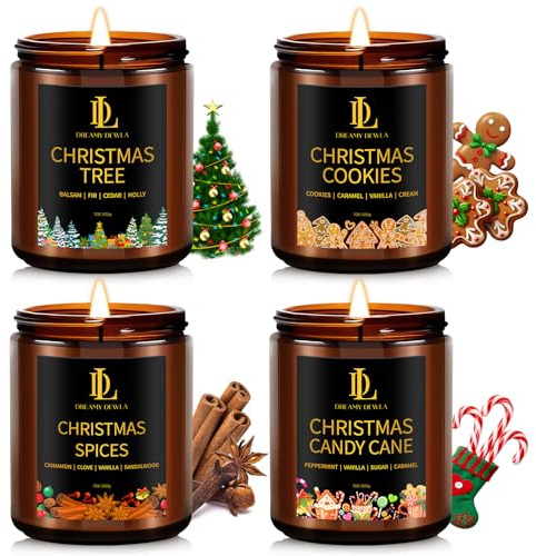 Holiday Candle Set, Scented Candle for Home, 4 Pack Soy Candles Gifts for Women Men, Scents of Christmas Tree/Cookies/Spices/Candy Cane