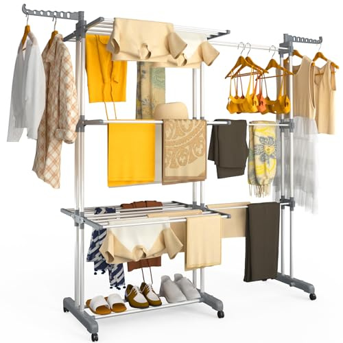 VOUNOT® 4 Tier Large Clothes Airer with Wings, Retractable Folding Drying Rack with Wheels for Indoor & Outdoor Use, 190 × 64 × 170 cm, Grey White