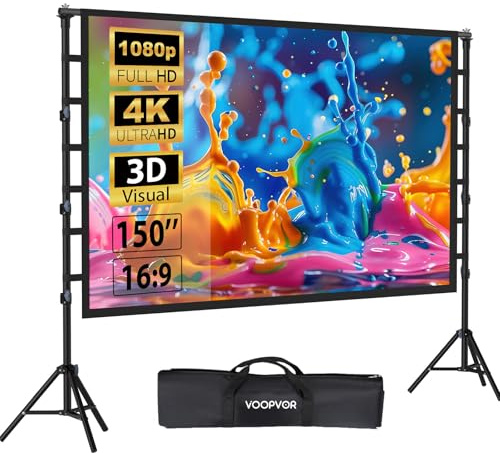 VOOPVOR Schermo per proiettore esterno con treppiede da 150 pollici: schermo portatile 16:9 4K HD, schermo per cinema per interni/esterni, con borsa per il trasporto e supporto regolabile in altezza