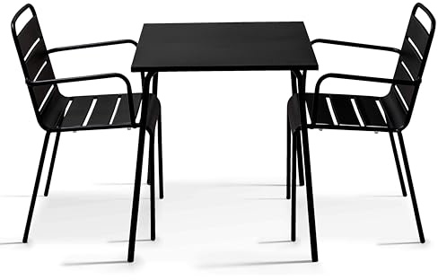 Oviala Ensemble Table de Jardin carrée et 2 fauteuils Acier 70 cm Noir - Palavas
