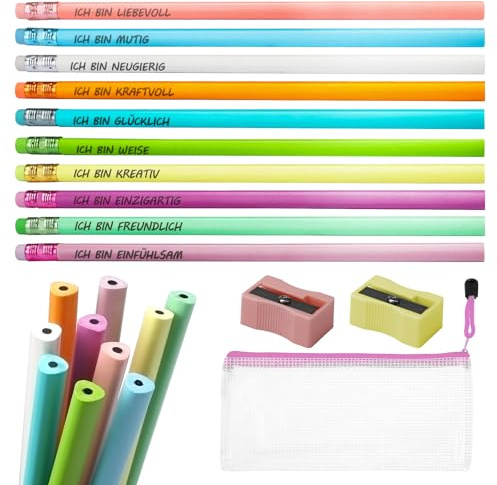 GullSkies 30 Stück HB Motivationsbleistifte mit Radiergummi, 10-farbiges Glücksbleistift-Set mit positiven, ermutigenden Sprüchen, Holzbleistifte für Kinder, Schule und als Einschulungsgeschenk
