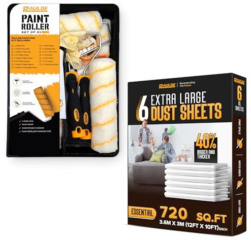 21 Pcs Paint Roller Set with 6X Large Dust Sheets for Decorating – Complete Painting Kit with Rollers, Brushes, Trays, Masking Tape & Plastic Sheets for Walls, Ceilings & Furniture Protection